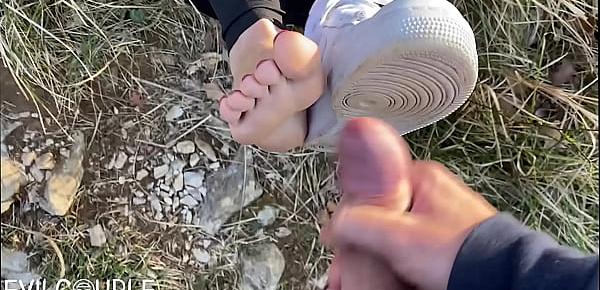  Outdoor Fuck and Shoejob on Risky Place ( Huge Cumshot on my AirF1 Nikes )
